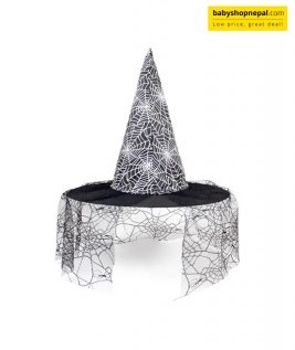 Black Witch Hat with Silver Spider Web Design & Sheer Lace Wide Brim | Elegant Halloween Costume Hat-1