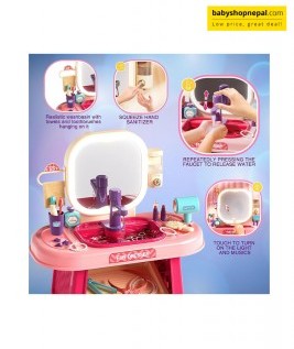 Pretend Play Girls Makeup Table Set with Stool, Kids Vanity Set with LED Lighted Mirror and Music, Beauty Salon Set with Makeup Accessories & Wash basin, Girls Vanity for Toddlers 3-8 Years Old 5