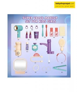 Pretend Play Girls Makeup Table Set with Stool, Kids Vanity Set with LED Lighted Mirror and Music, Beauty Salon Set with Makeup Accessories & Wash basin, Girls Vanity for Toddlers 3-8 Years Old 6