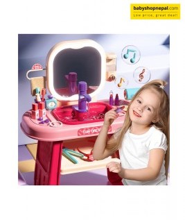 Pretend Play Girls Makeup Table Set with Stool, Kids Vanity Set with LED Lighted Mirror and Music, Beauty Salon Set with Makeup Accessories & Wash basin, Girls Vanity for Toddlers 3-8 Years Old 3