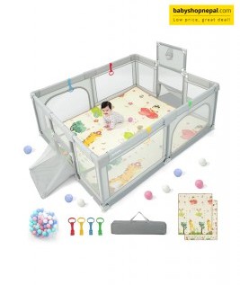 INFANS Baby Playpen, 74&rdquo; x 62&rdquo; Extra Large Play Yard for Babies and Toddlers with Crawling Mat Ocean Balls Basketball Hoop 2 Football Gates Indoor Outdoor Activity Center (Light Gray)-1