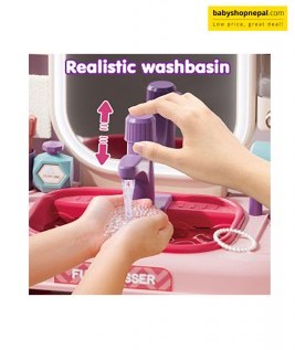 Pretend Play Girls Makeup Table Set with Stool, Kids Vanity Set with LED Lighted Mirror and Music, Beauty Salon Set with Makeup Accessories & Wash basin, Girls Vanity for Toddlers 3-8 Years Old 8